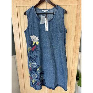 NWT Solitaire By Ravi Khosla Artsy Blue Denim Embroidered Jumper Dress Size XL